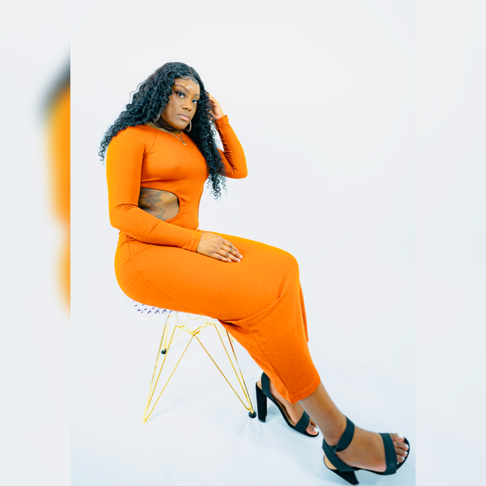 Rusted Long Sleeve Hallow Cut Maxi Dress