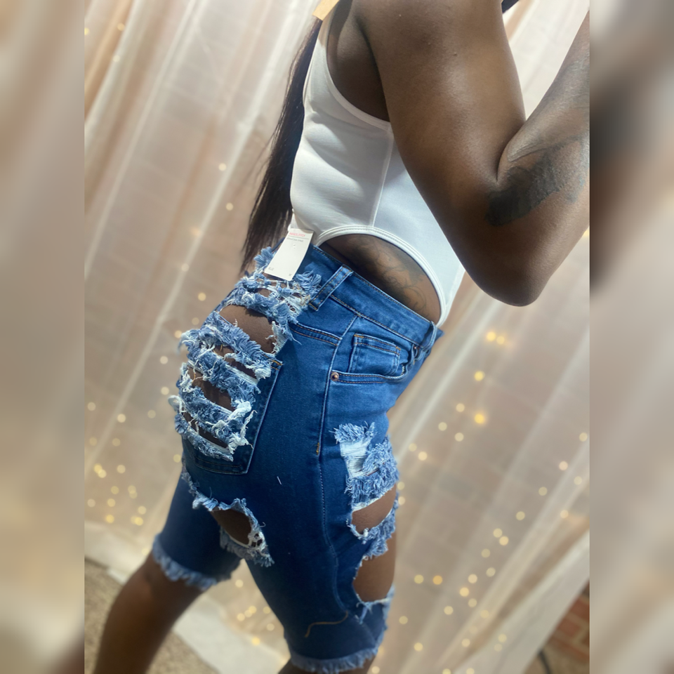 Distressed Not Pressed High Rise shorts