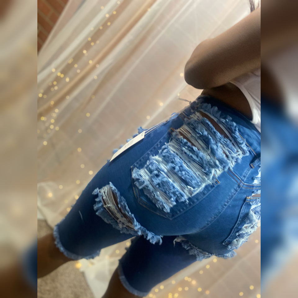 Distressed Not Pressed High Rise shorts